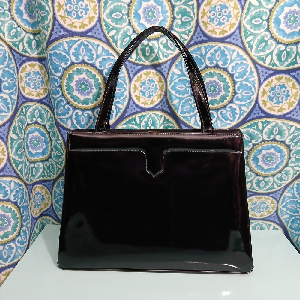 Vintage Nat Lewis Black Patent Leather Handbag Structured Mid Century Top Handle